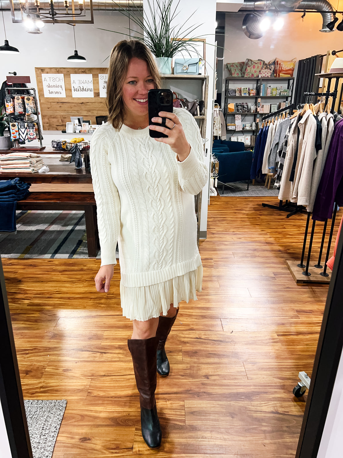 Cream Cableknit Sweater Dress w/ Accordian Detail
