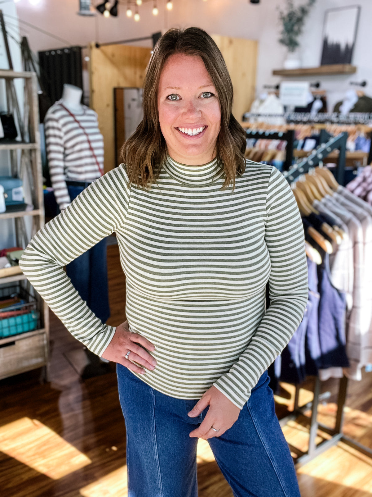 Cream & Olive Green Stripe Mock Neck Top