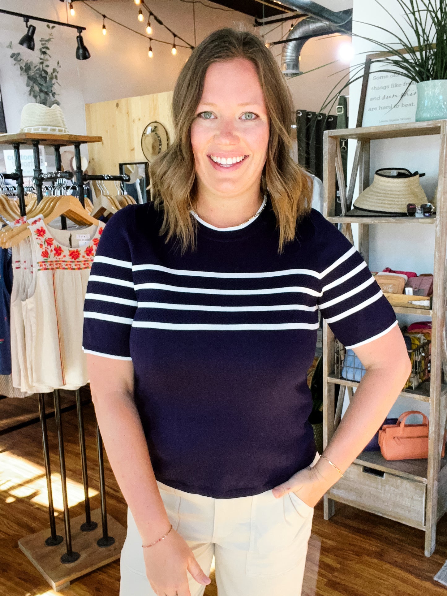 Navy Blue W/White Stripes Short Sleeve Sweater