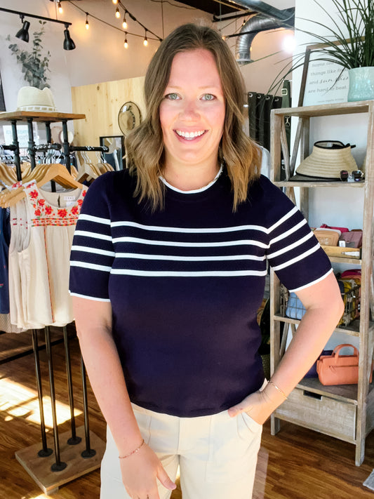 Navy Blue W/White Stripes Short Sleeve Sweater