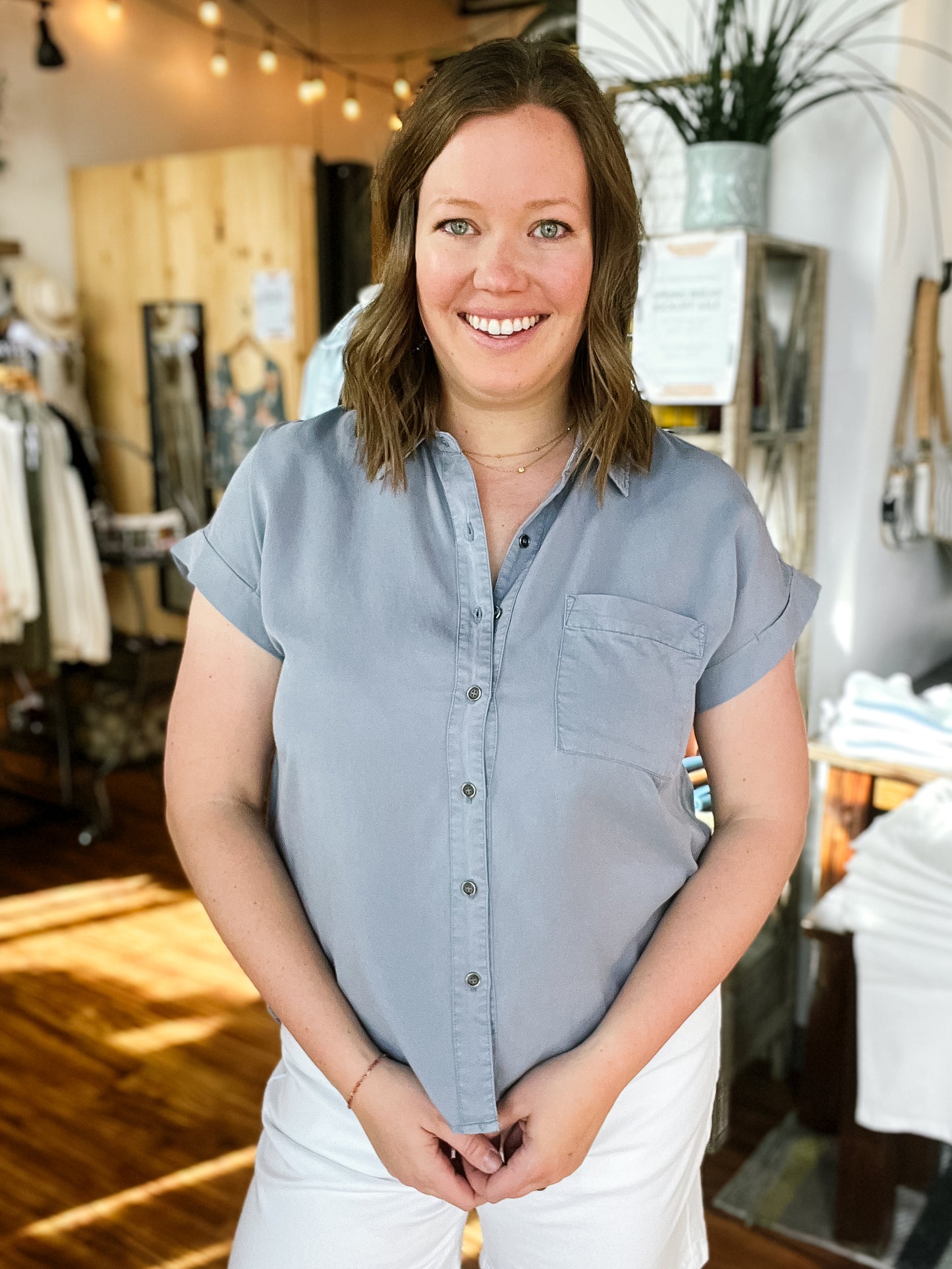 Powder Blue Short Sleeve Button Up Top
