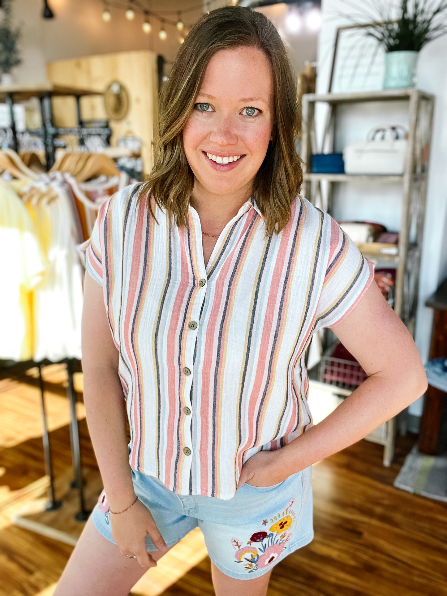 Cream Vertical Stripe Gauze Top