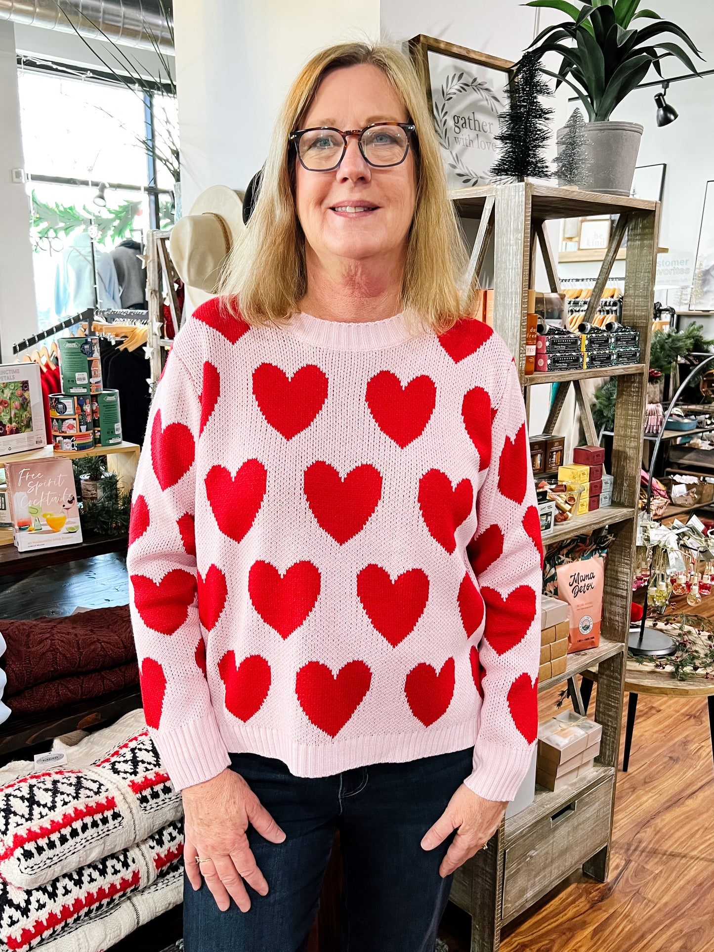Pink Sweater W/Red Hearts
