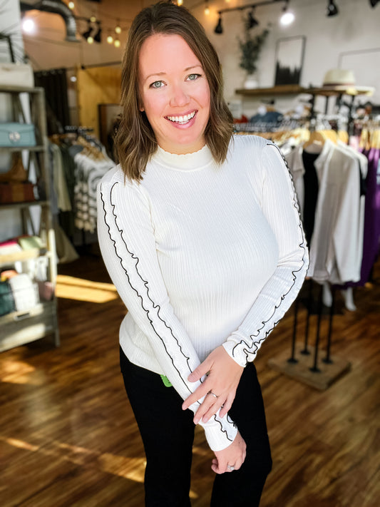 Cream Ribbed Knit Top w/ Black Ruffle Detail