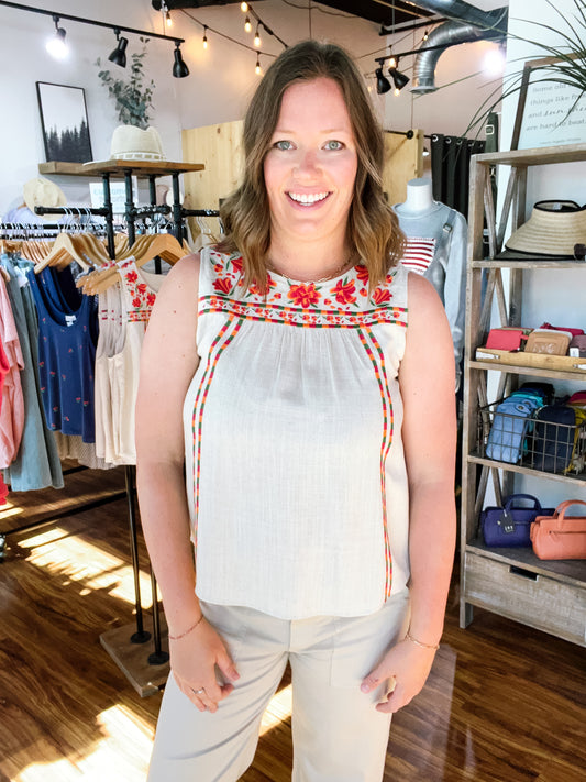 Beige Floral Embroidery Tank Top