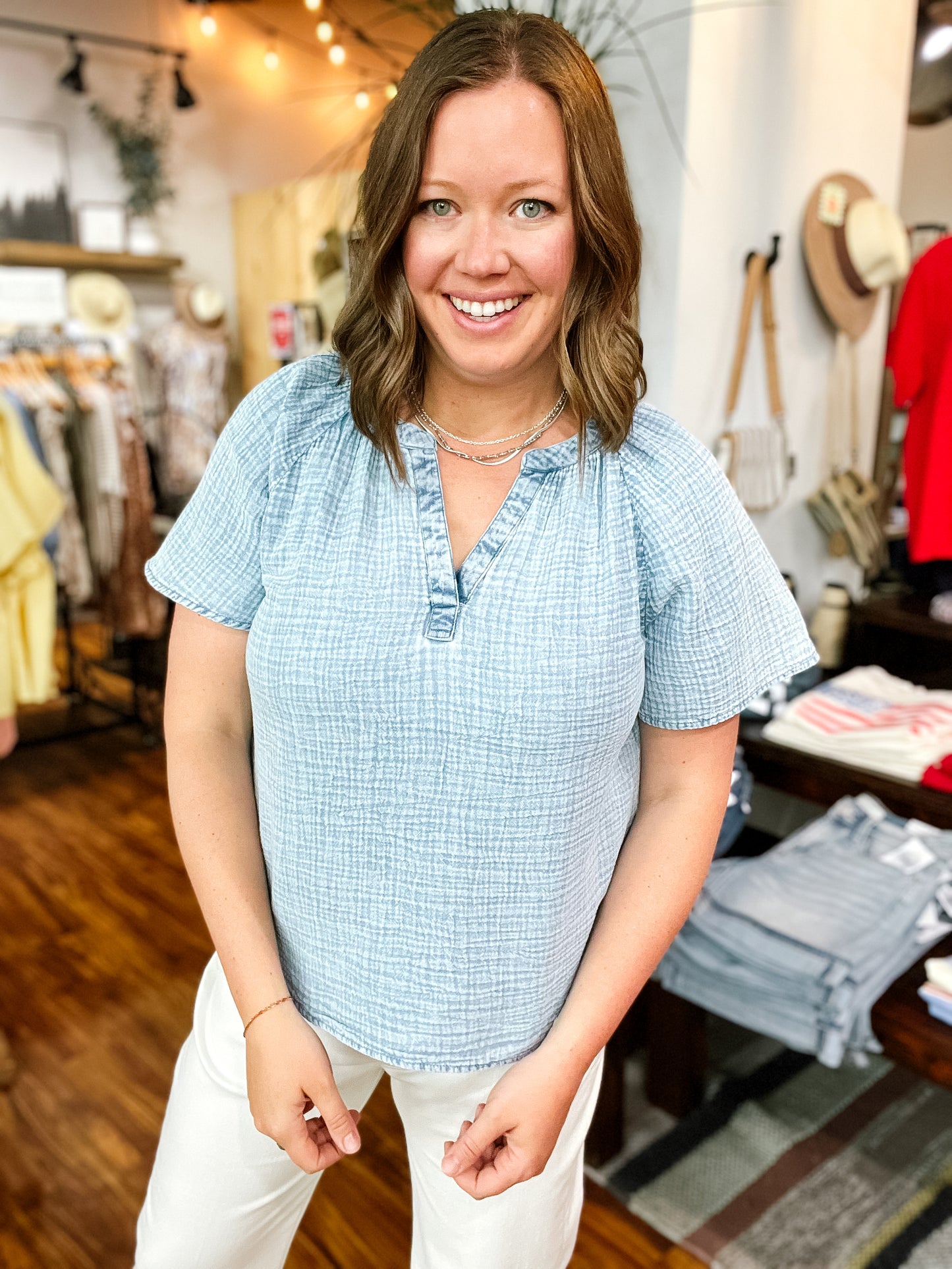 Light Blue Acid Wash Short Sleeve Top