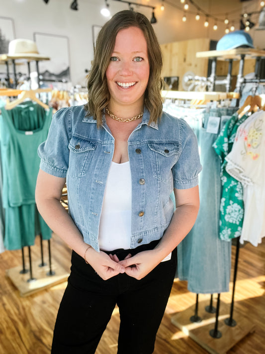 Light Wash Cropped Jean Jacket W/ Puff Sleeves