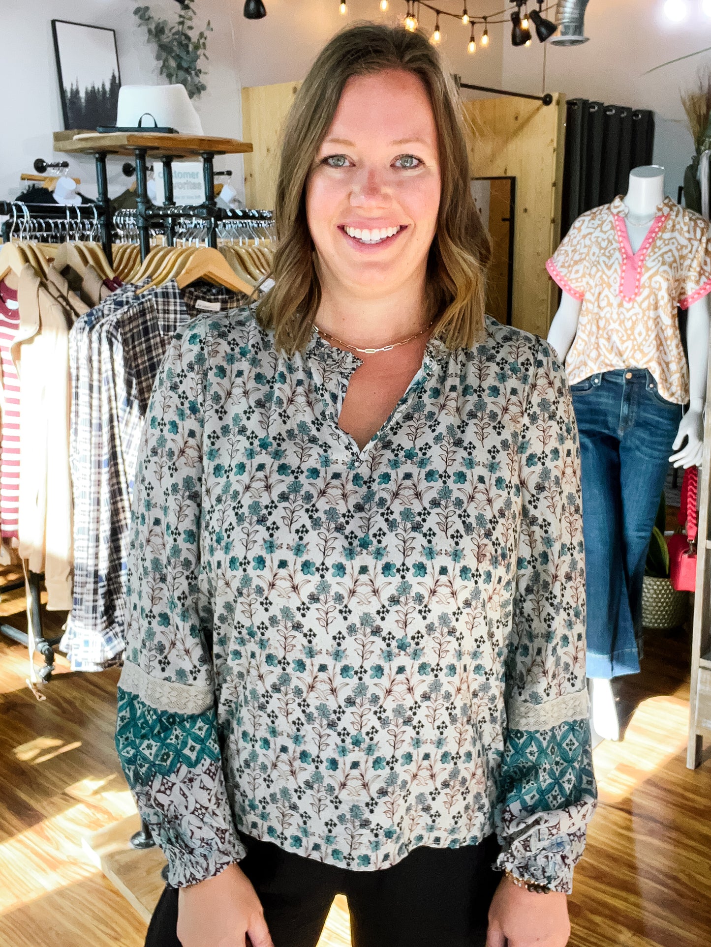 Teal Floral Long Sleeve Top