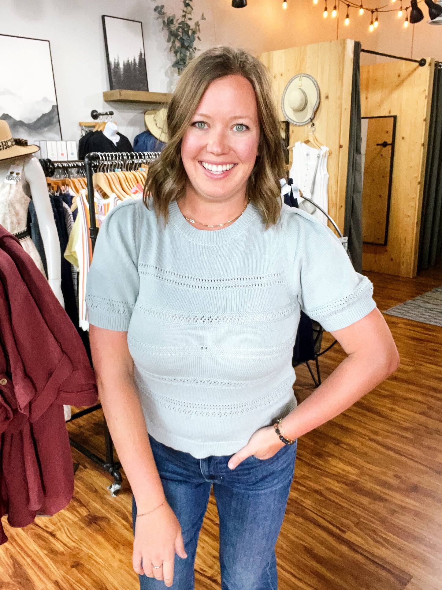 Dusty Blue Crochet Strip Short Sleeve Sweater
