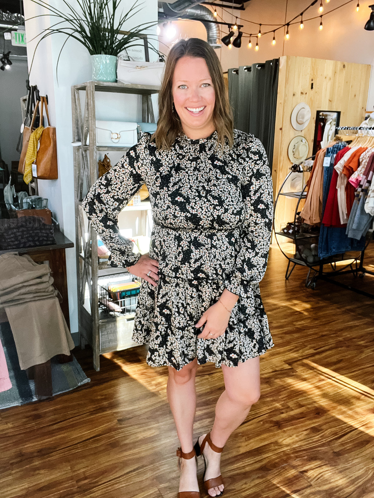 Black Floral Print Tiered Dress