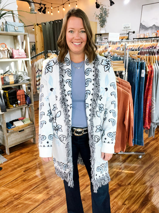White W/Blue Paisley Open Front Cardigan