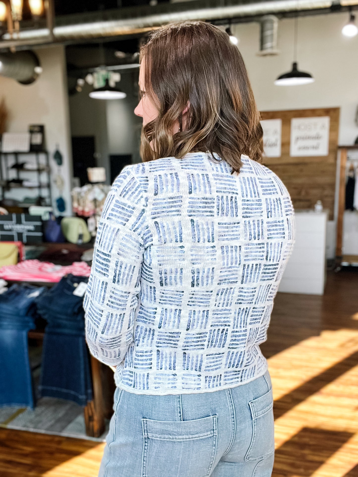White W/Blue Stamped Pullover Top