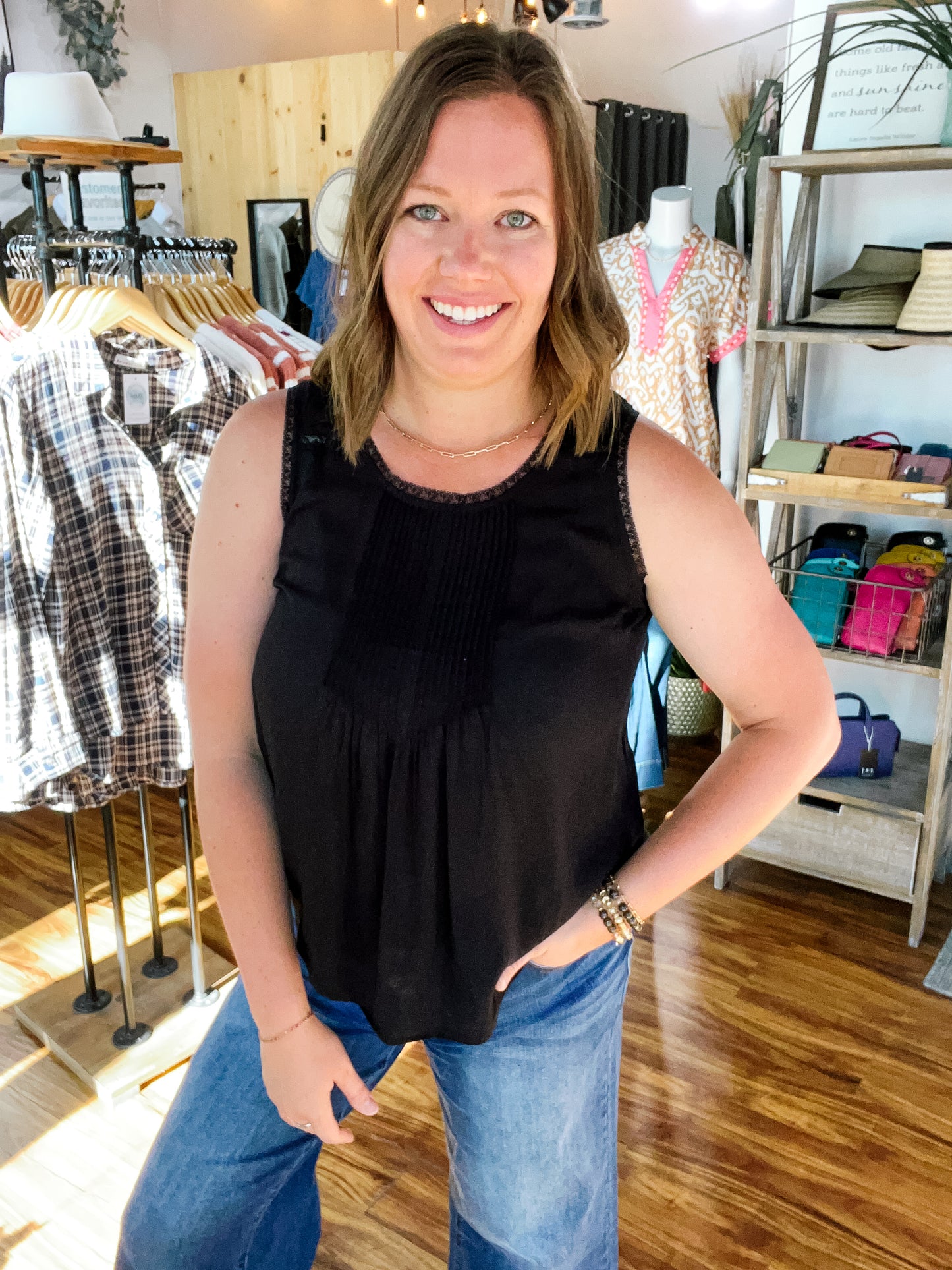 Black Pintucks Tank Top