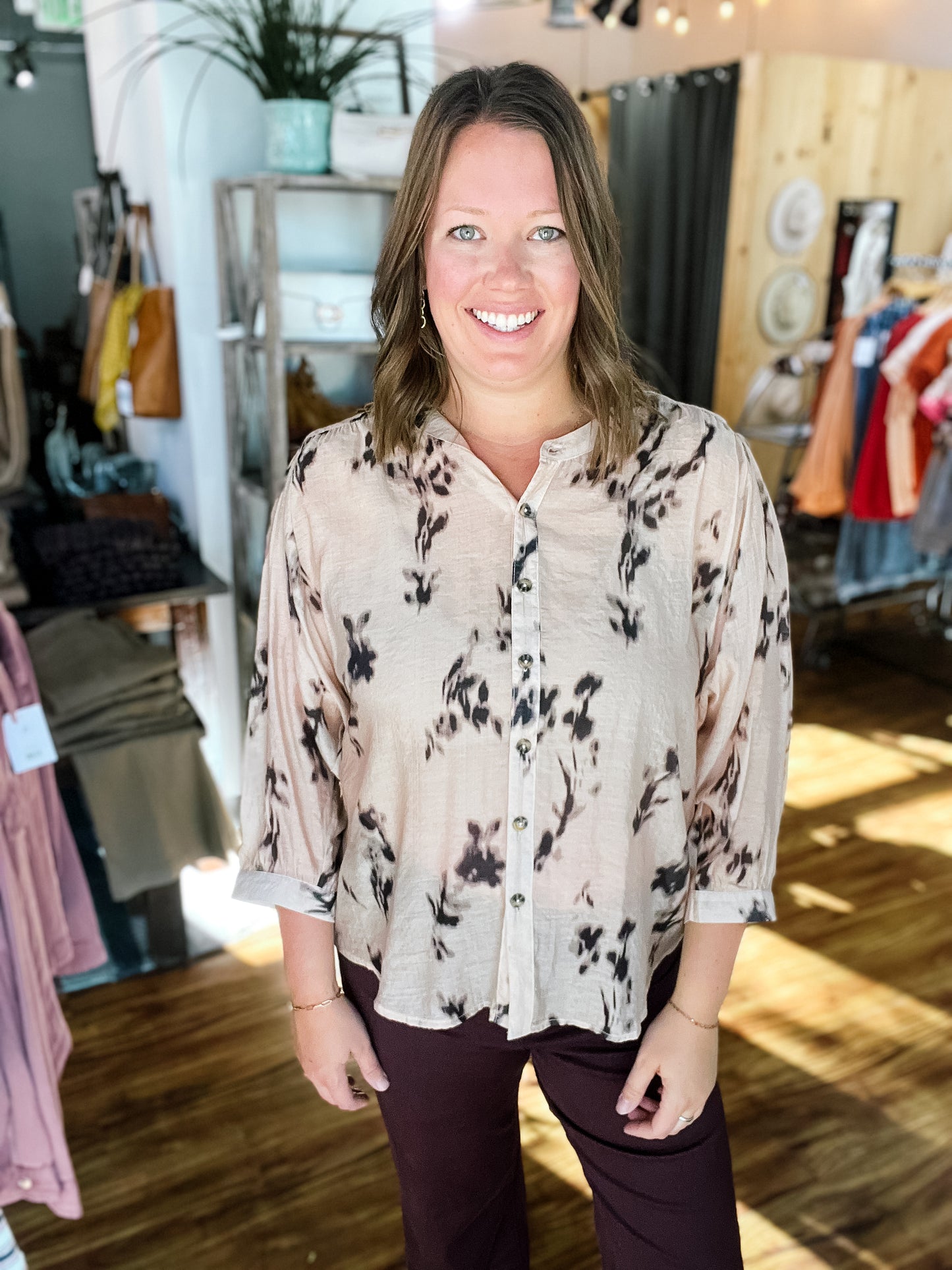 Sand & Black Print Dolman Sleeve Blouse