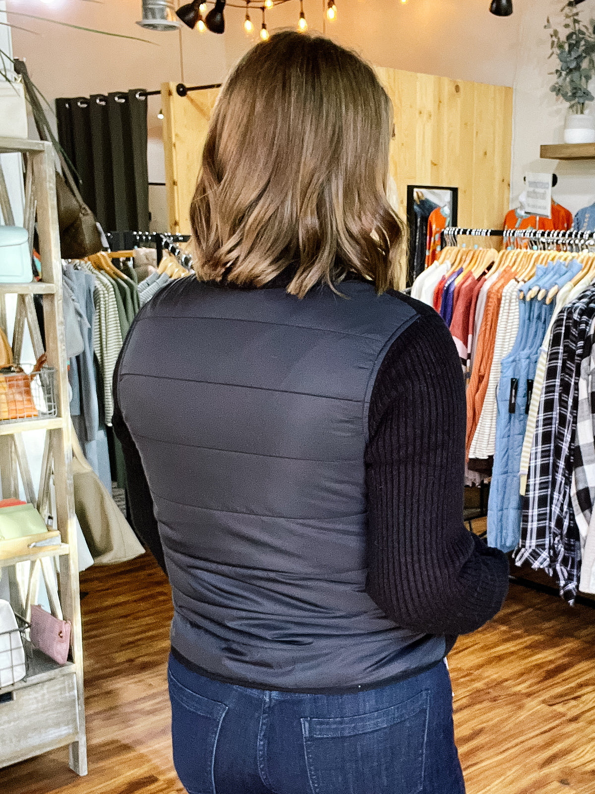 Black Zip Front Quilted Sweater Jacket