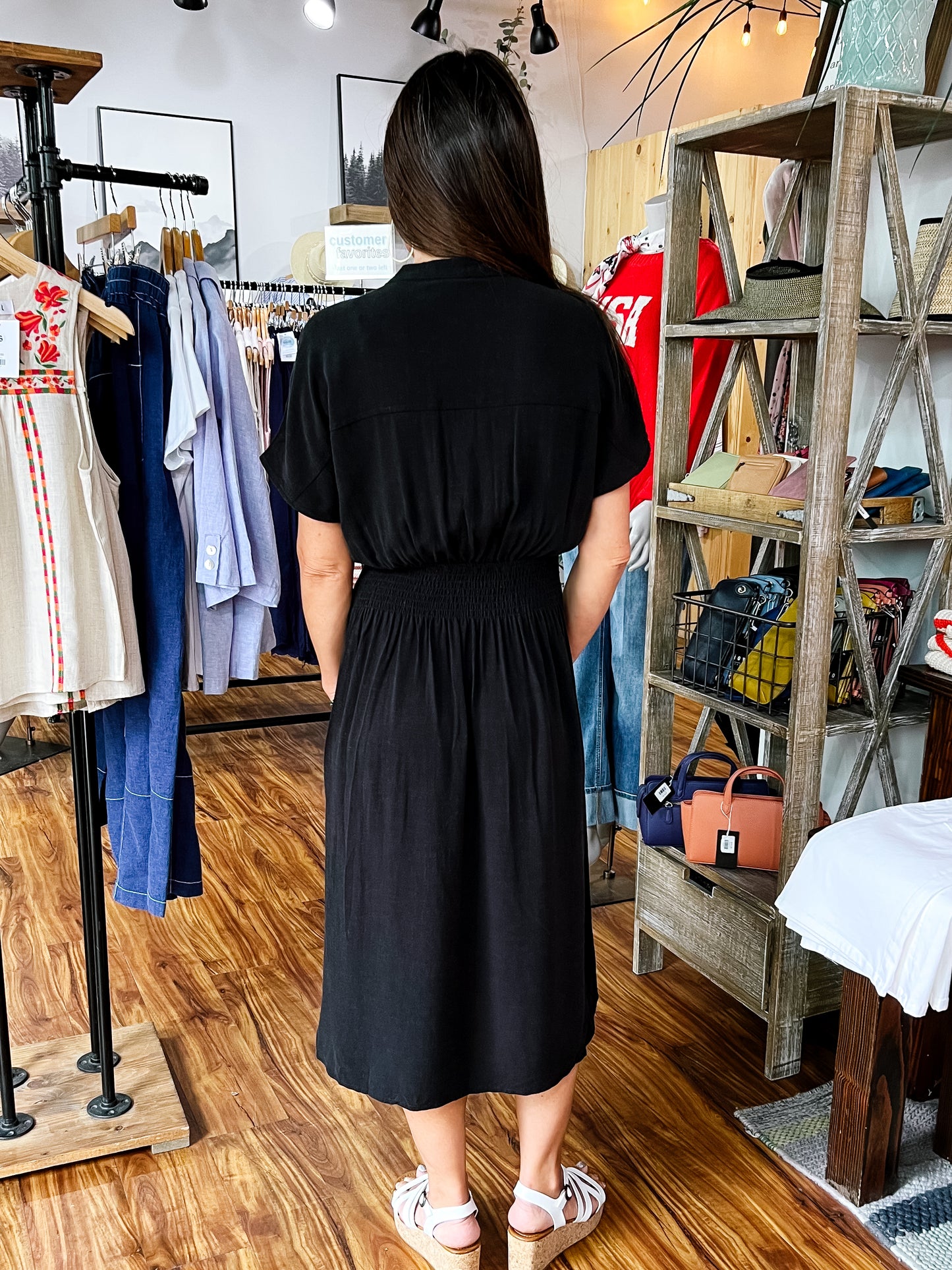 Black Pleated Waist Button Down Midi Dress