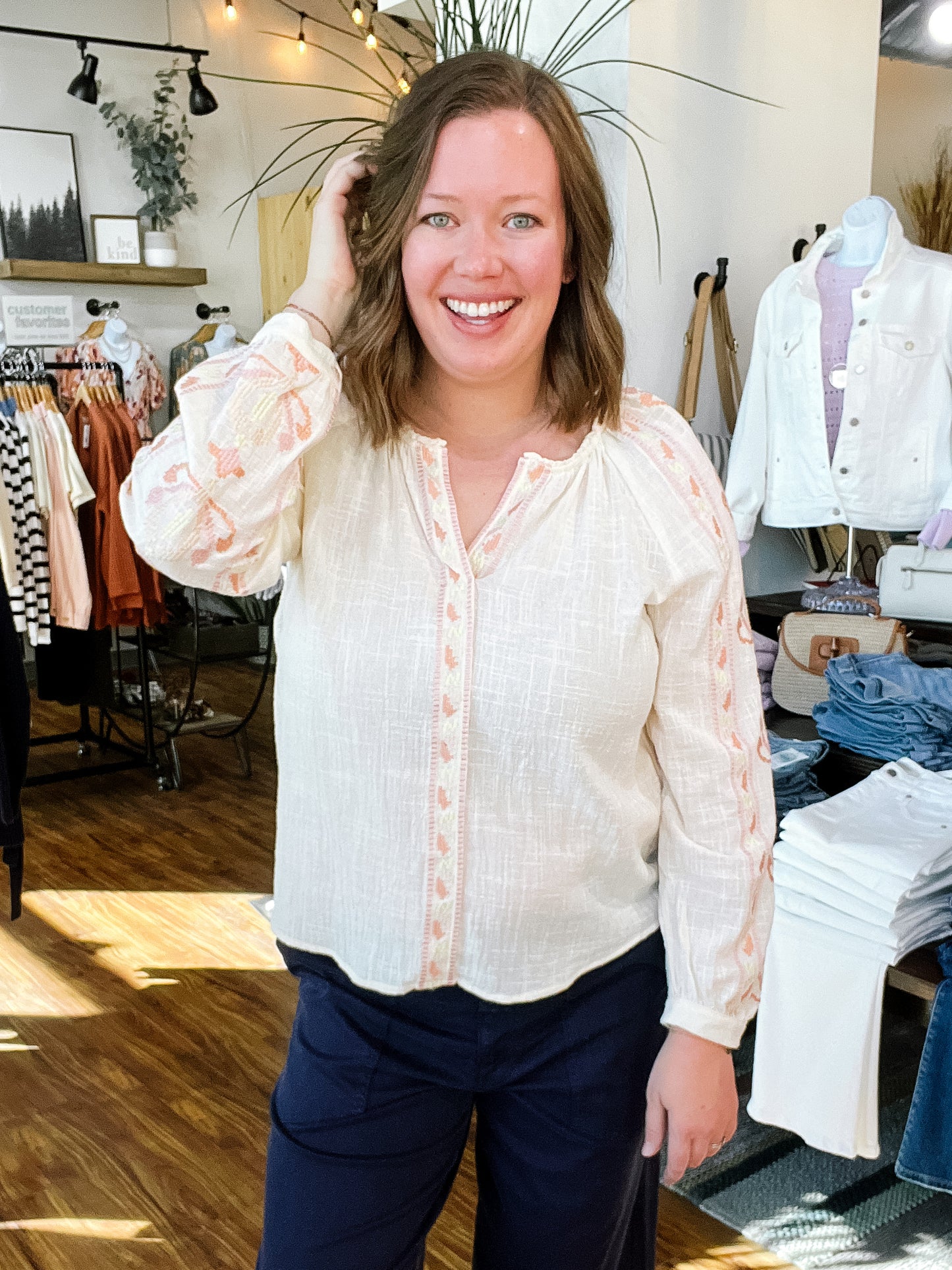Cream & Pink Embroidered Sleeve Top
