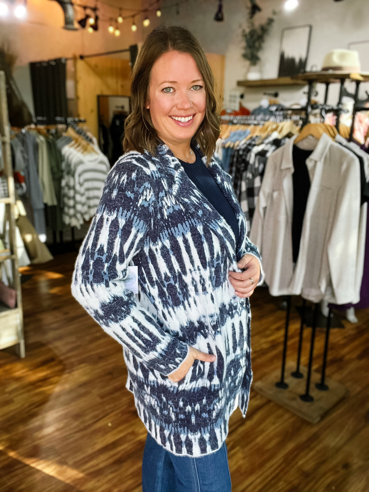 Navy Multi Print Open Front Shacket