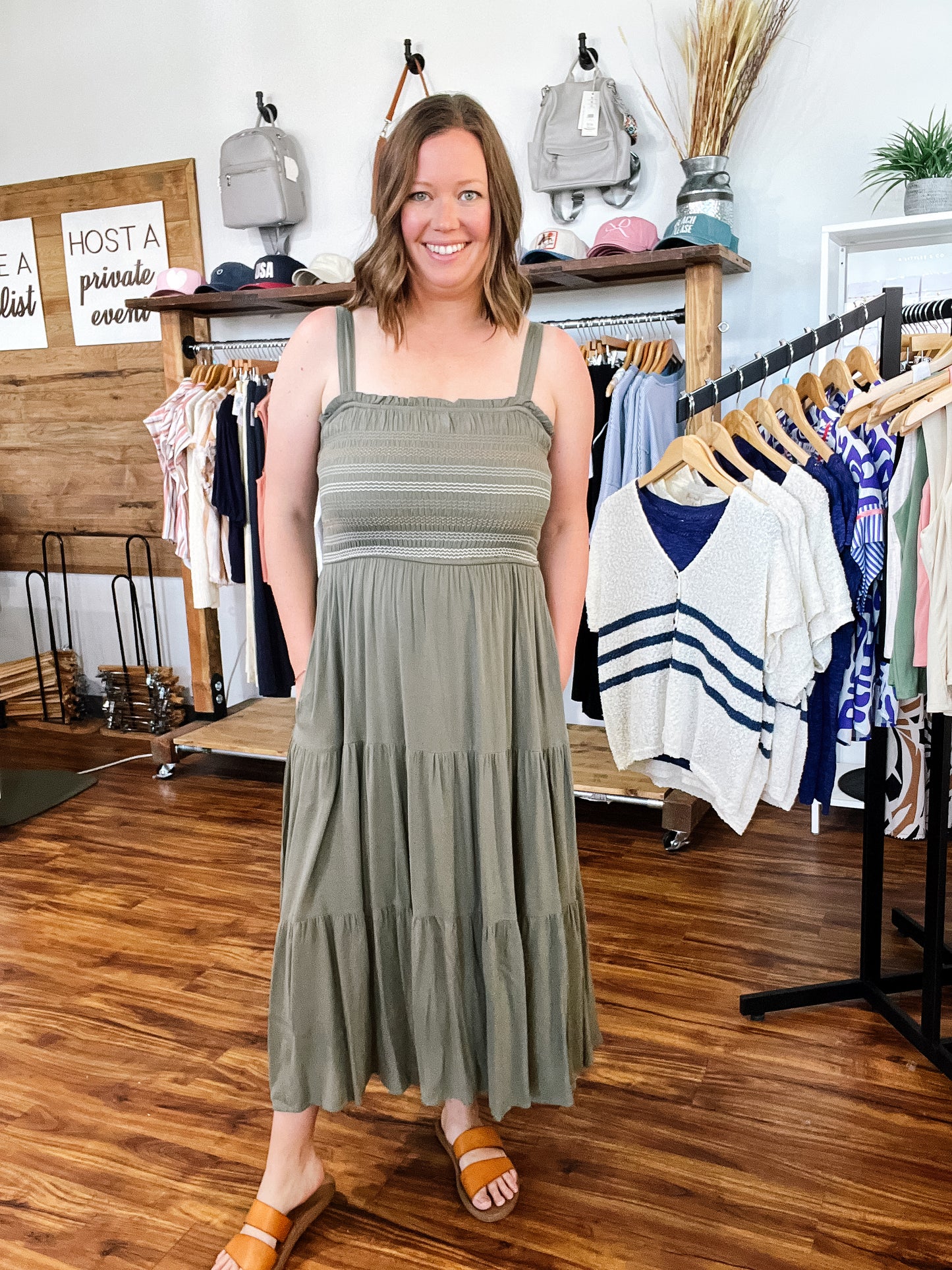 Olive Embroidered Midi Tank Dress