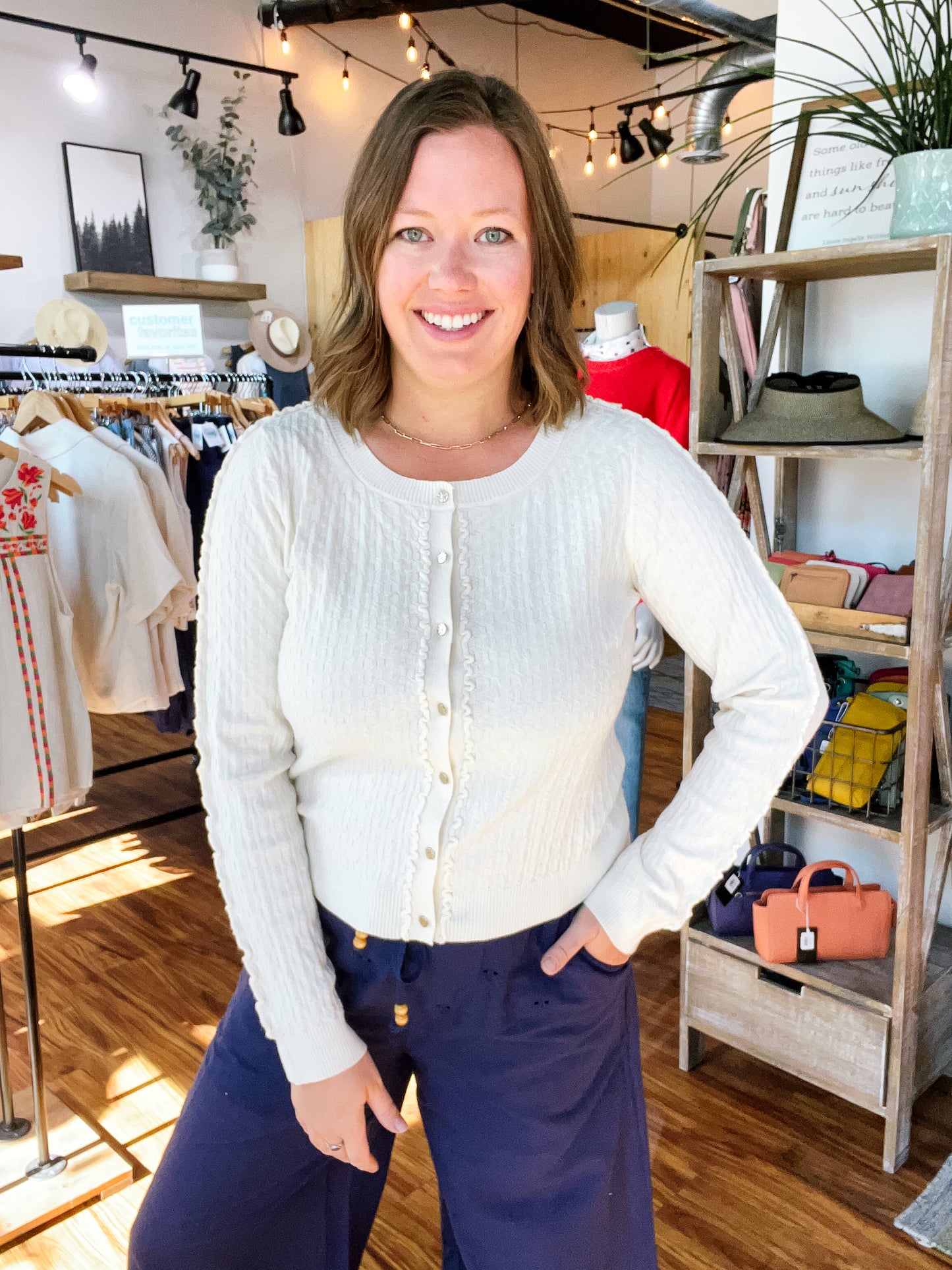 Cream Texture Gold Button Sweater
