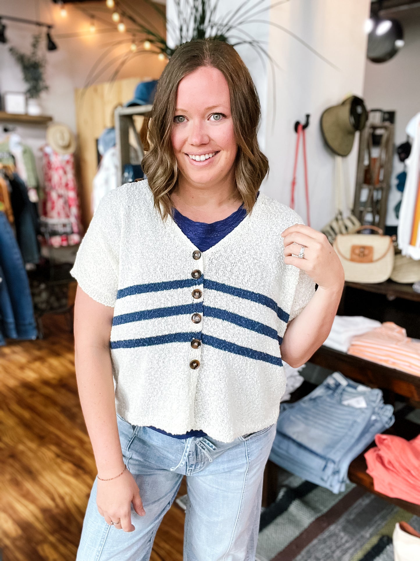 Cream & Navy Stripe Short Sleeve Cardigan
