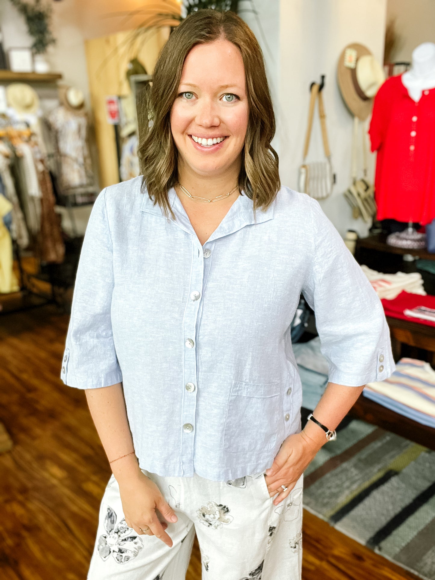 Light Blue Linen Button Front Shirt