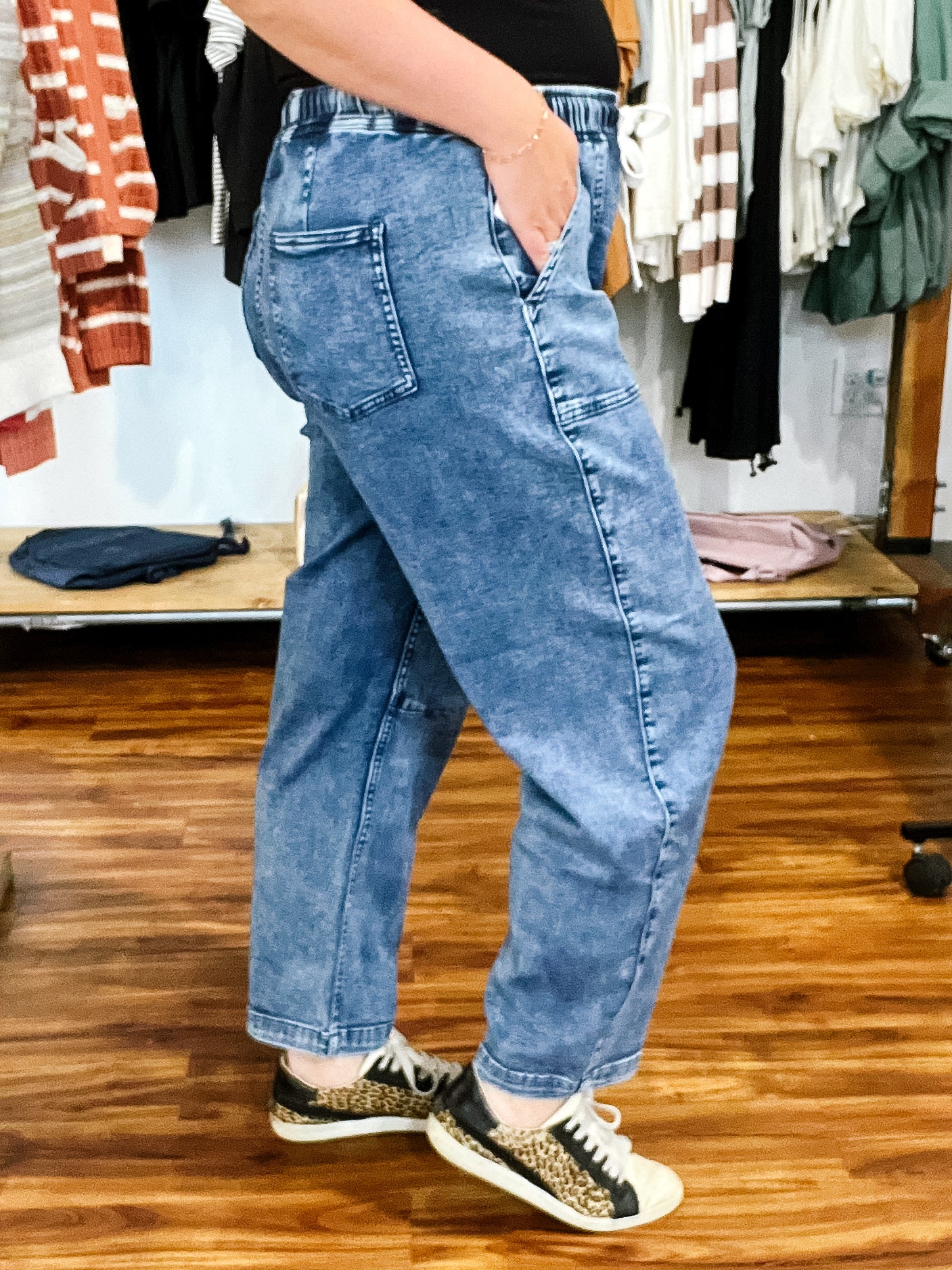 Medium Wash Tie Waist Barrel Jean