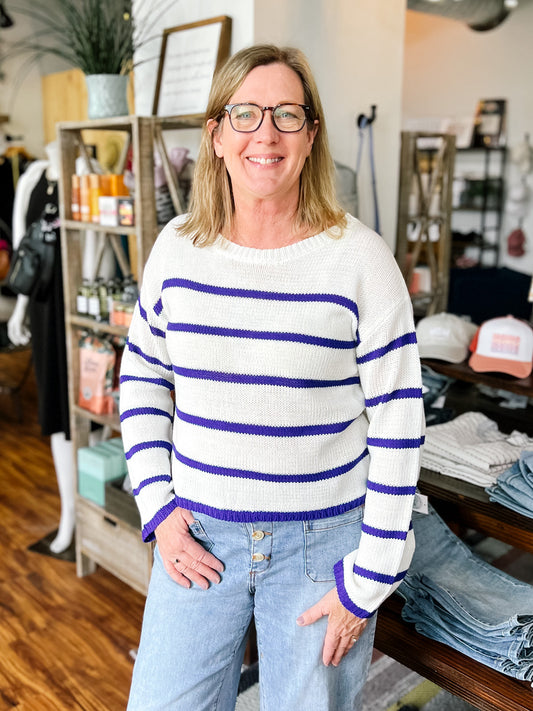 Cream & Blue Stripe Lace Back Sweater