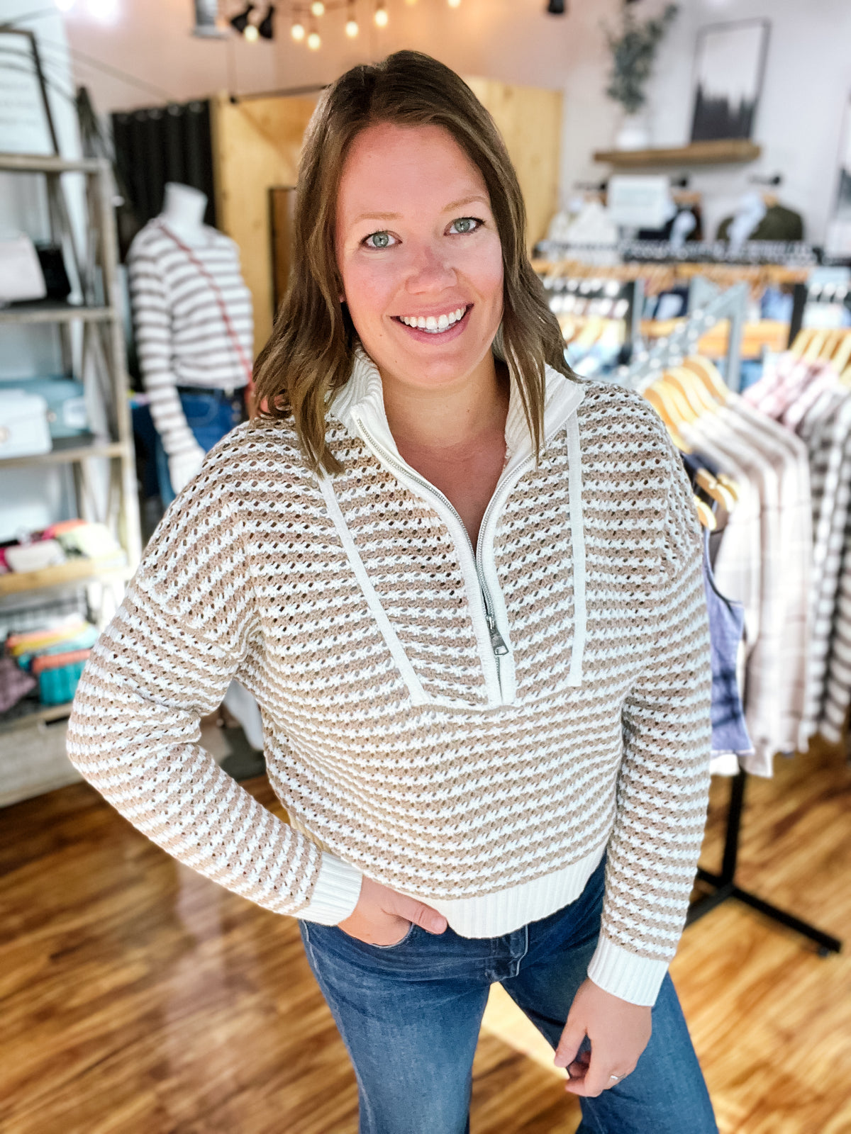 Cream & Tan Half Zip Open Knit Sweater