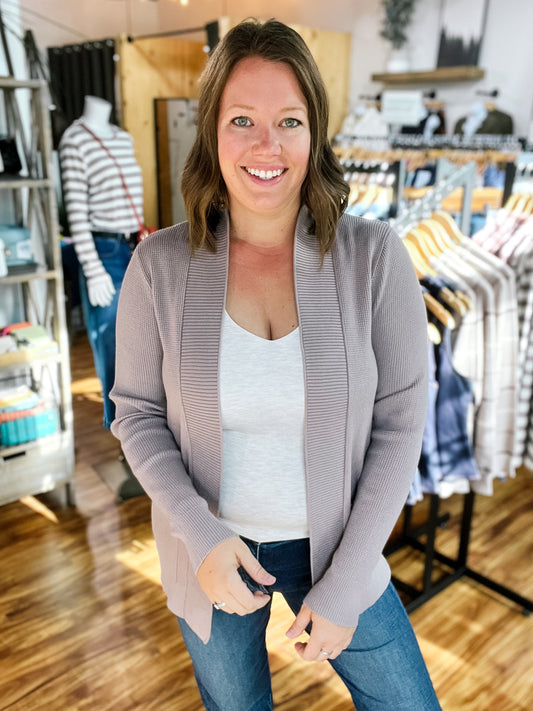 Taupe Open Front Waffle Cardigan