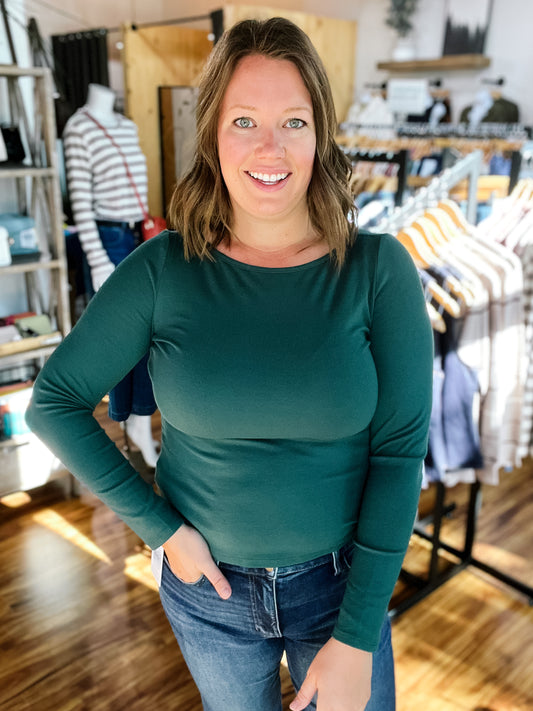 Forest Green Long Sleeve Boat Neck Top