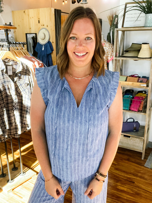 Blue Stripe Cap Flutter Sleeve Top