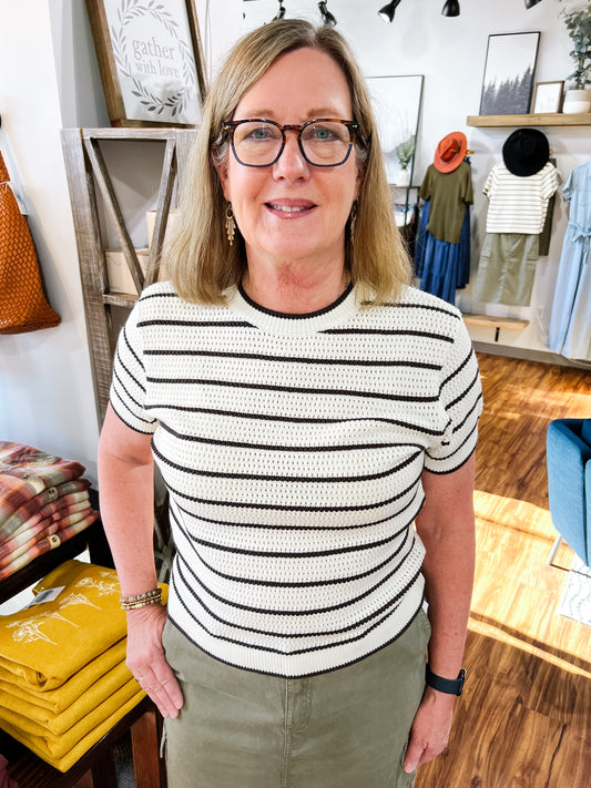 Ivory & Brown Striped Short Sleeve Sweater
