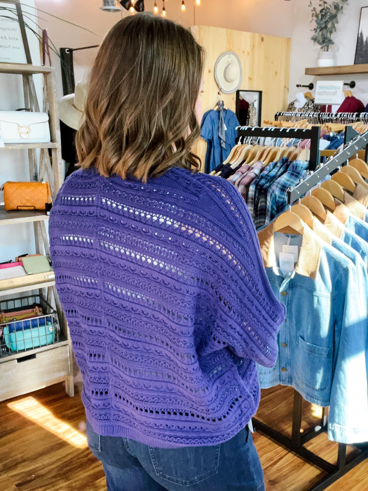 Navy Crochet Open Front Cardigan