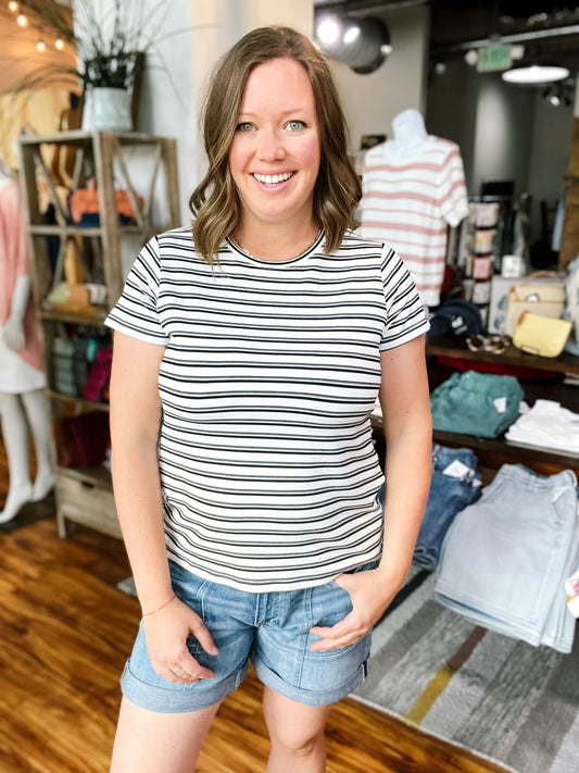 White W/ Black Stripes Slim Fit Tee
