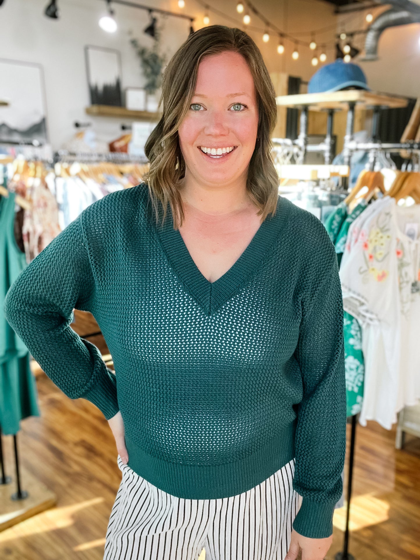 Teal Open Weave V Neck Sweater