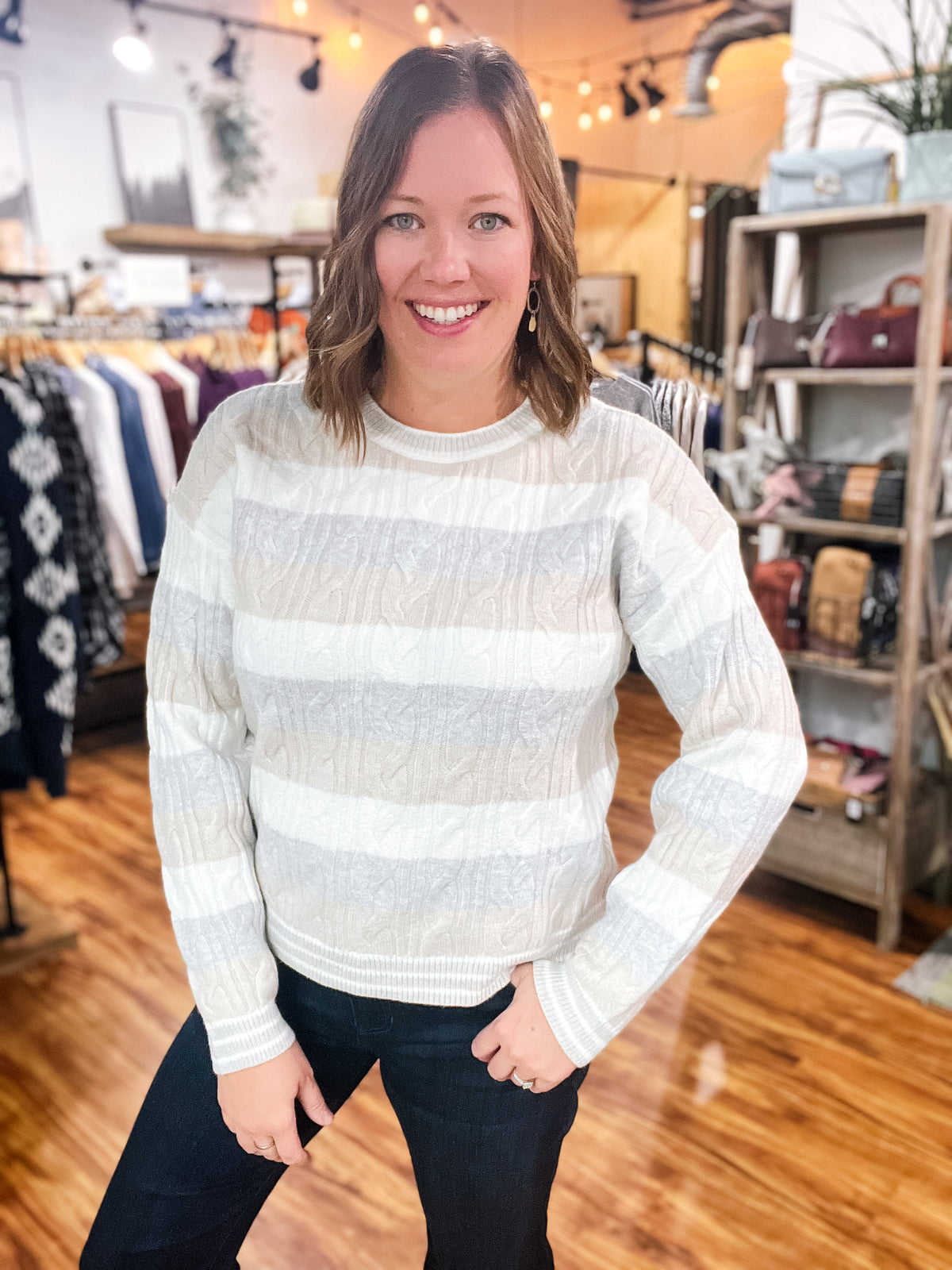 Cream Striped Cable Knit Sweater