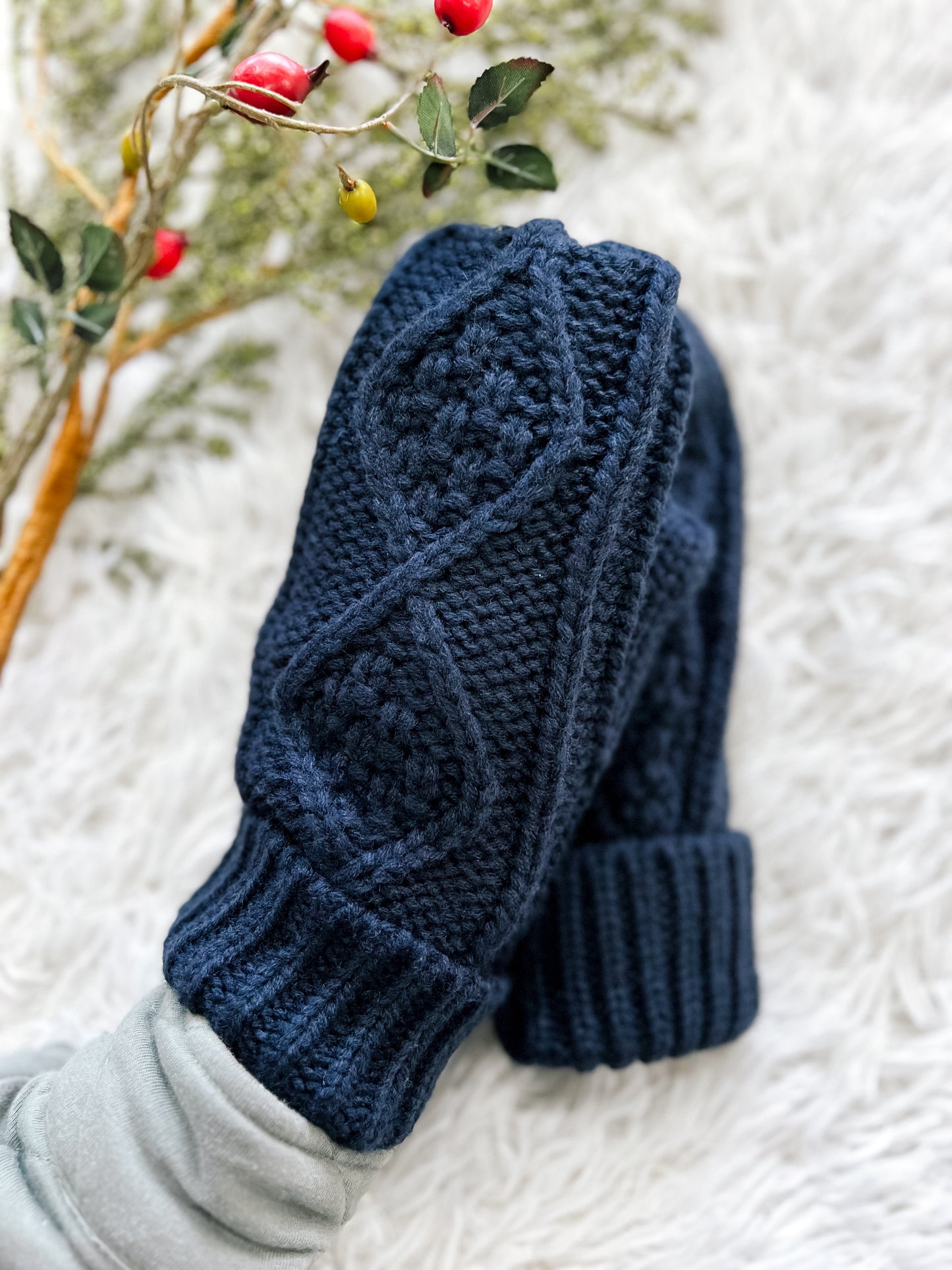 Navy Cable Knit Mittens