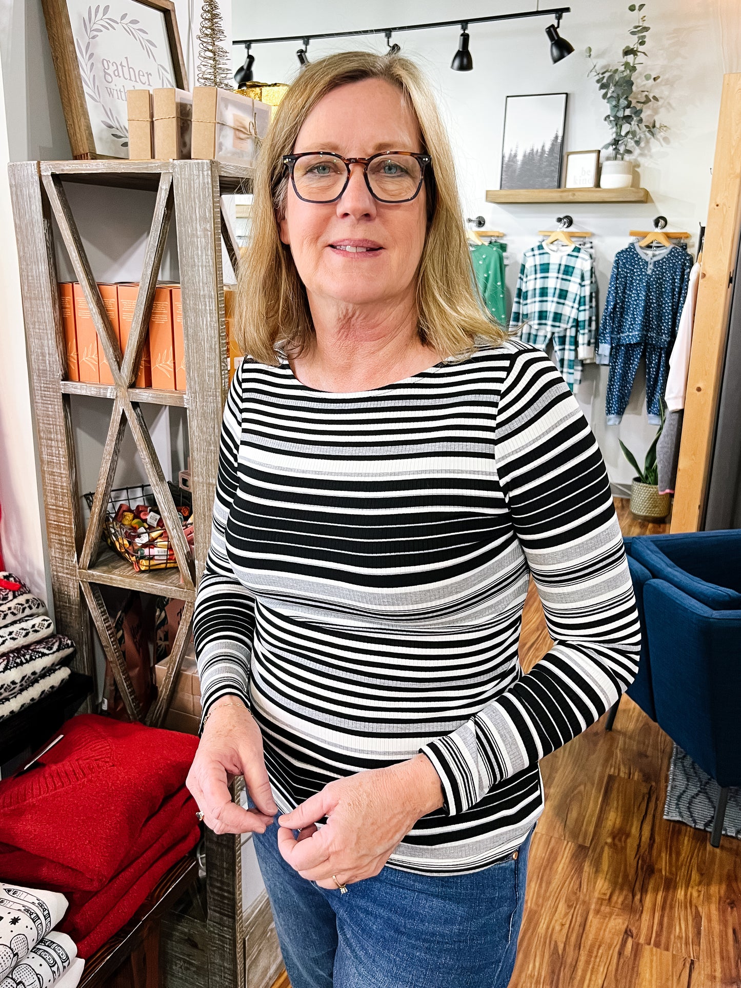 Black, White, & Gray Stripe Boat Neck Top