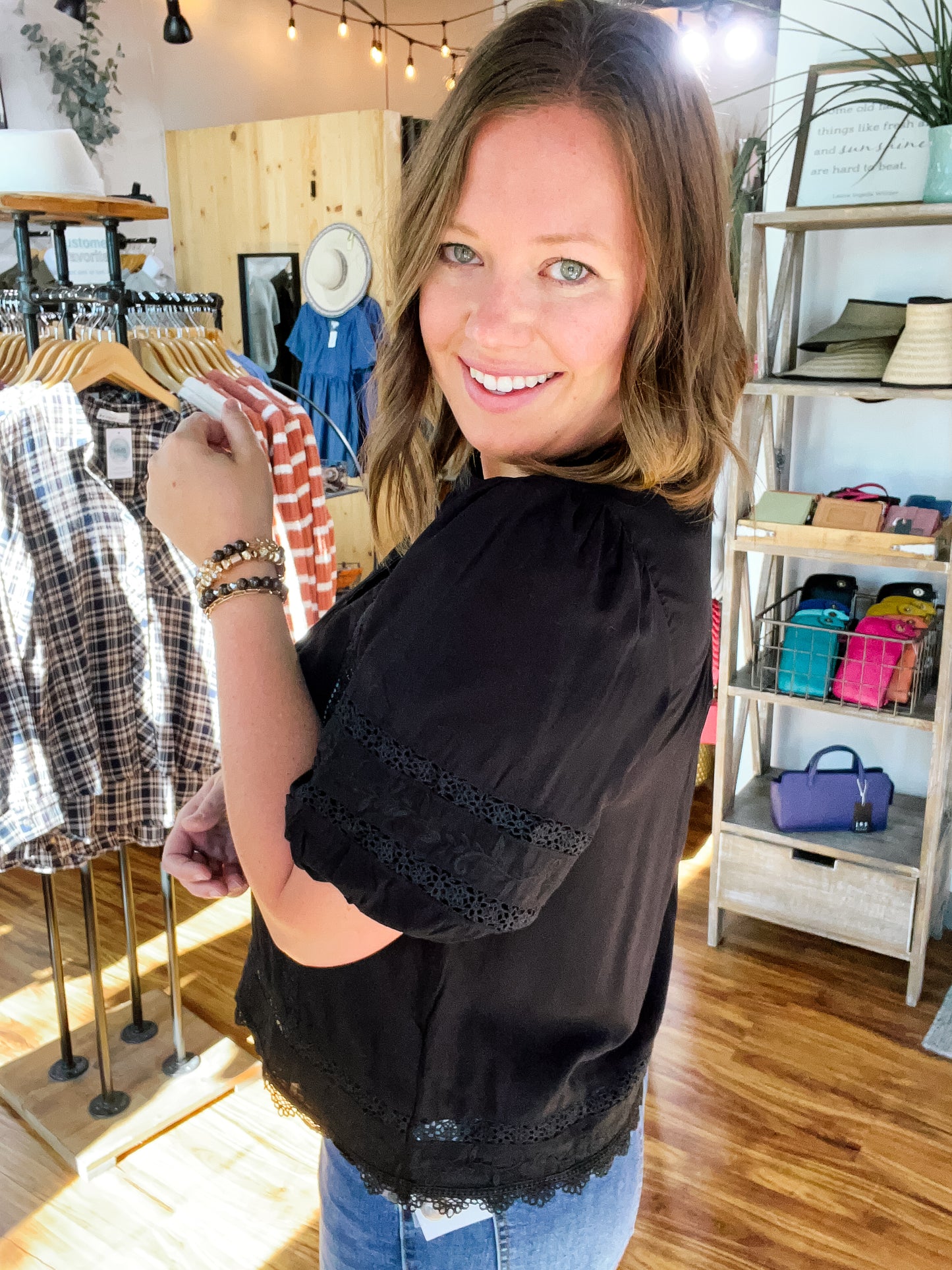 Black Puff Sleeve Lace Trim Top