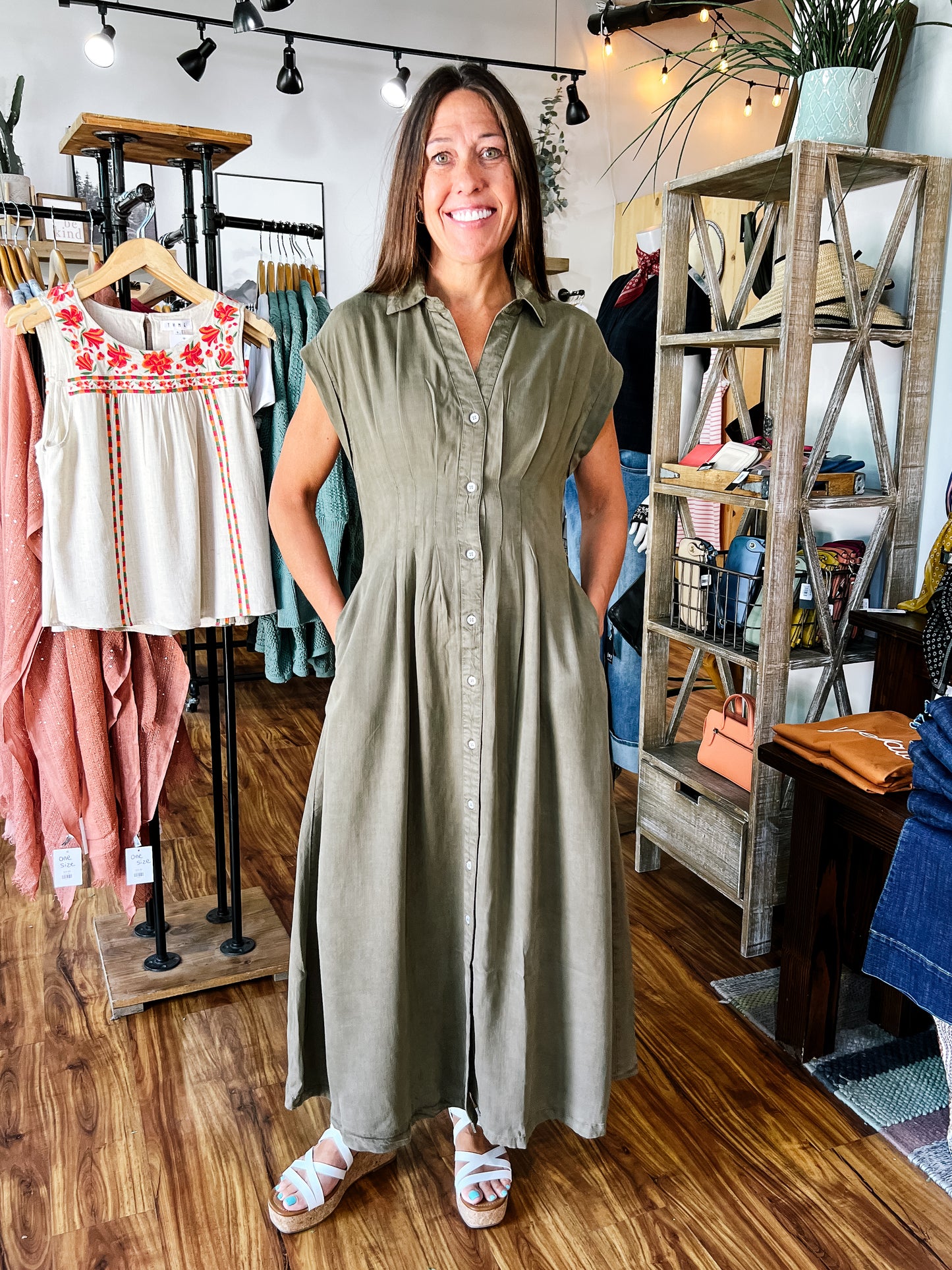 Olive Green Button Front Dress