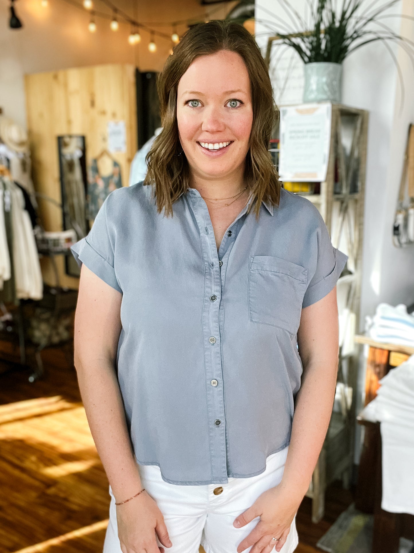 Powder Blue Short Sleeve Button Up Top