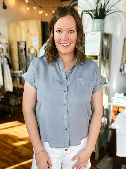 Powder Blue Short Sleeve Button Up Top