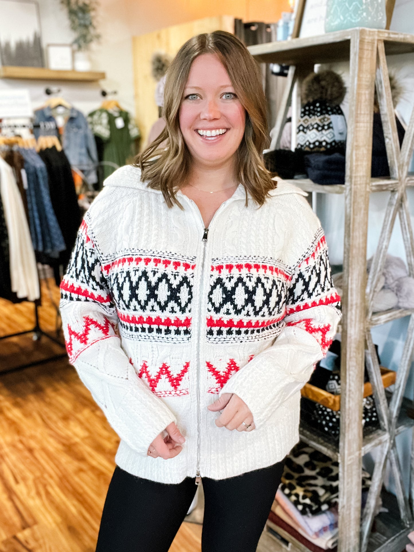 Ivory W/Red And Navy Zip Front Sweater