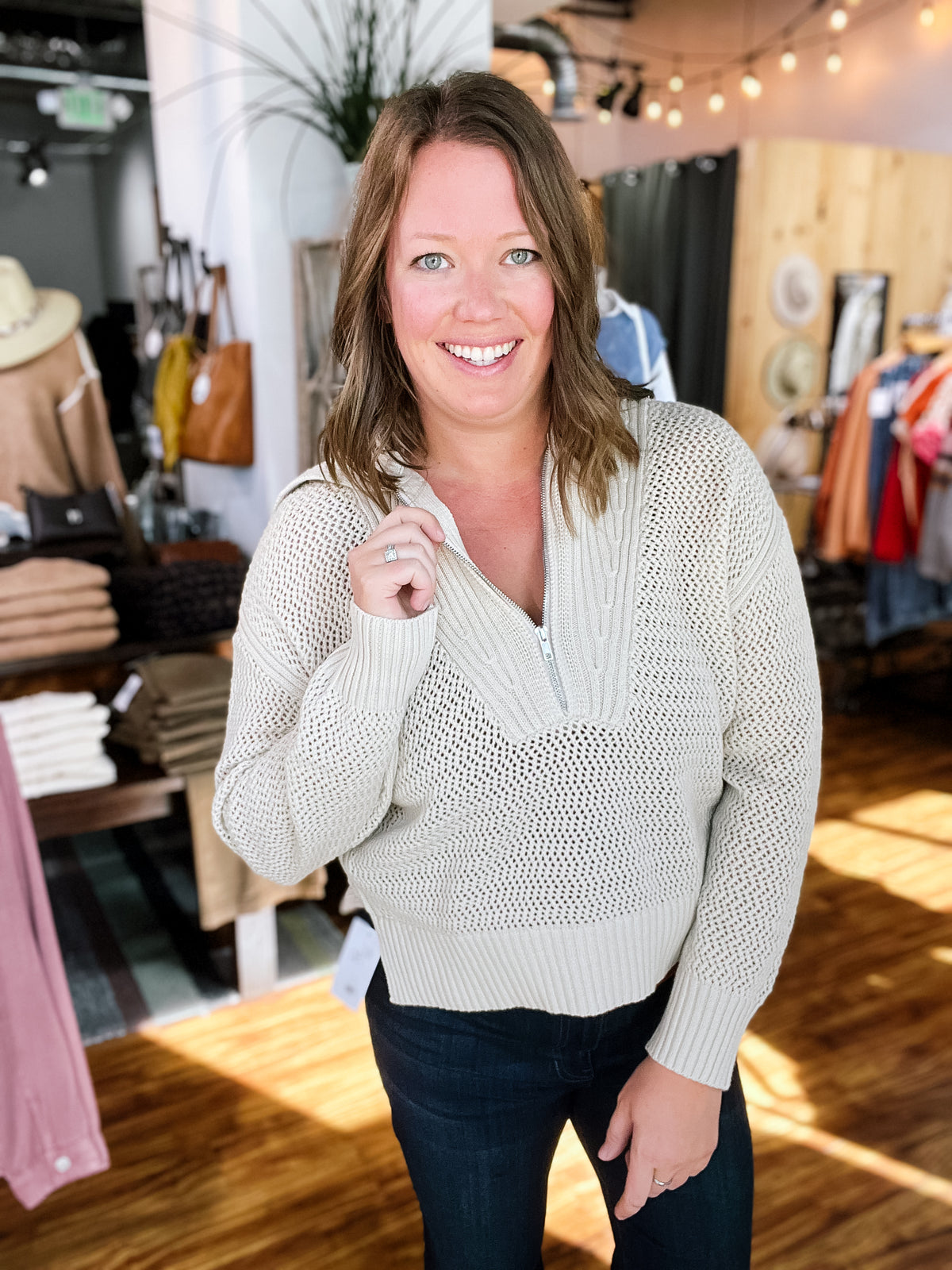 Beige Zipper Front Sweater