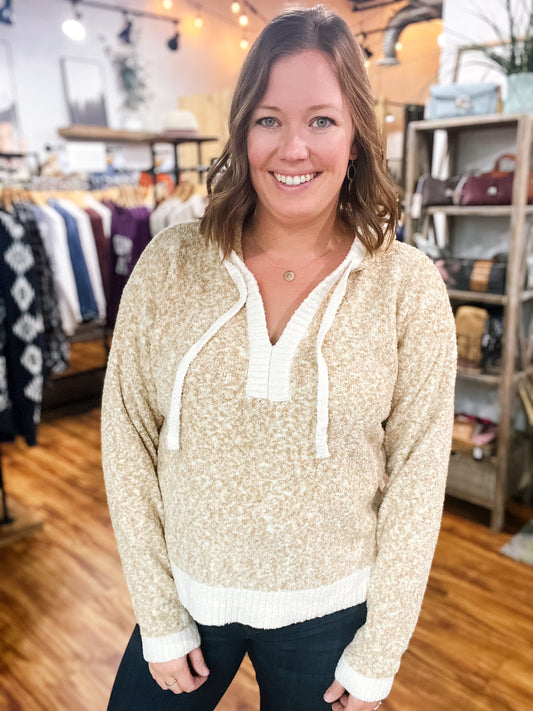 Oatmeal Cozy Hooded V-Neck Sweater