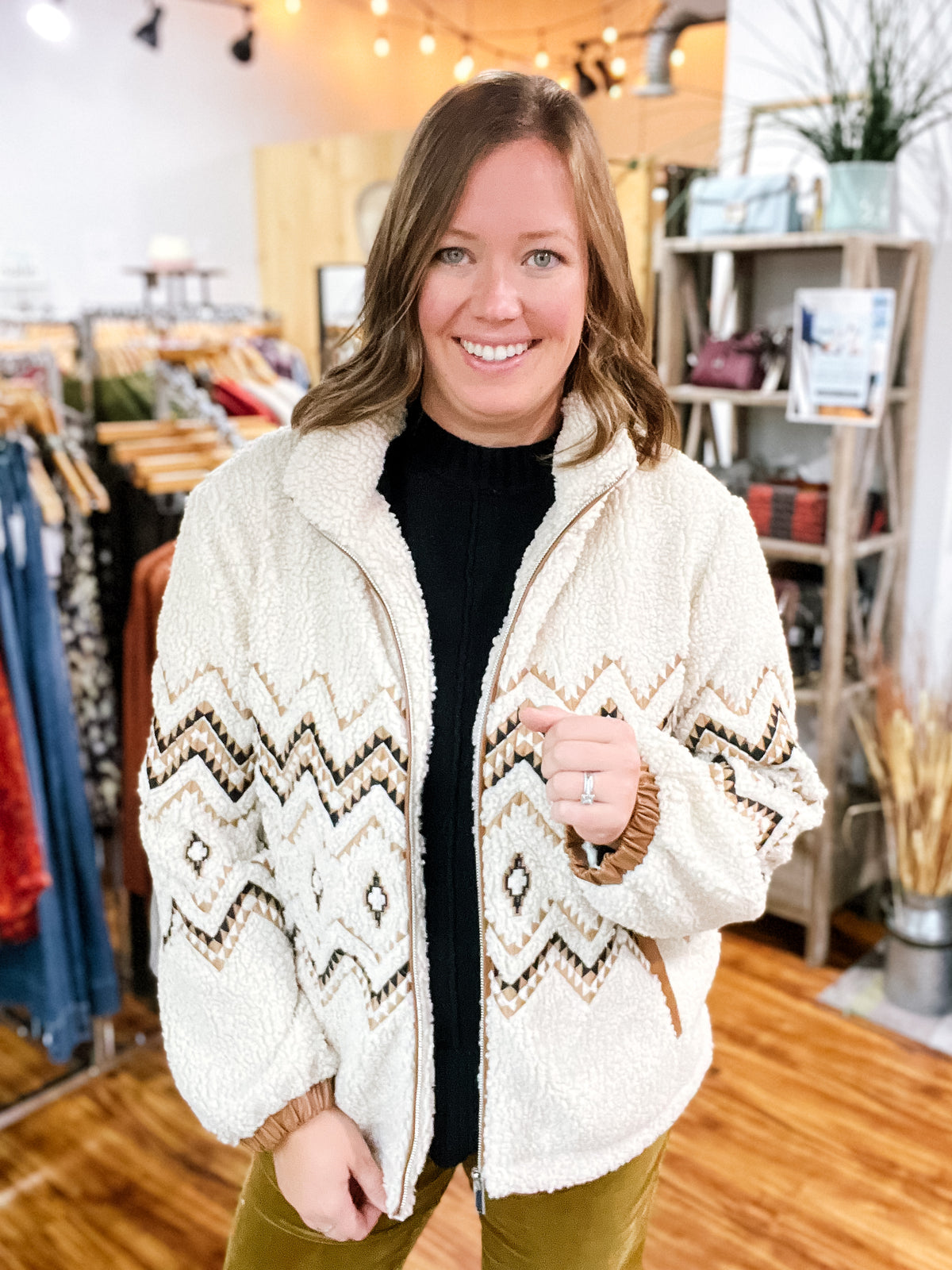 Cream Sherpa Aztec Zipper Front Jacket
