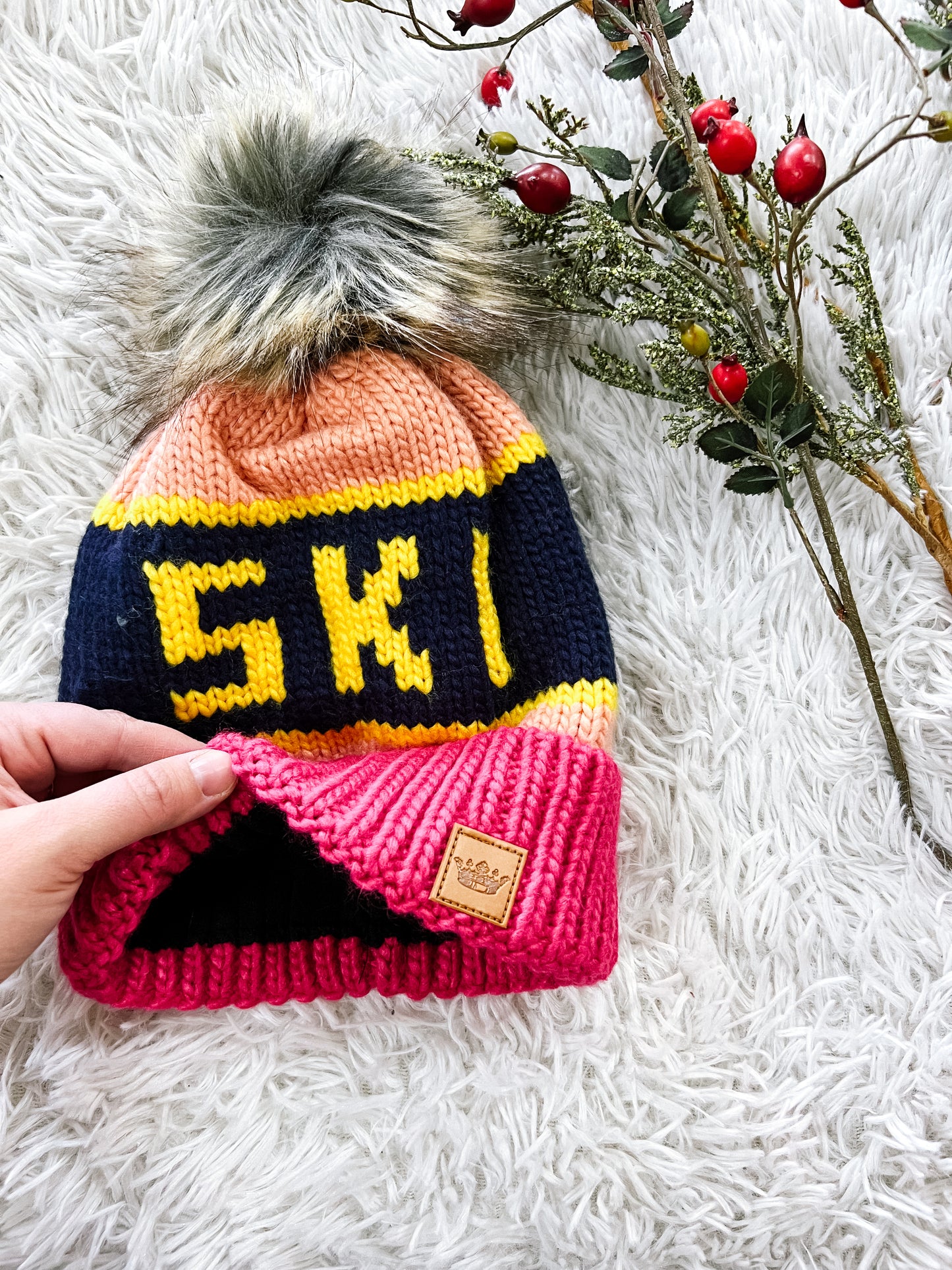 Navy & Pink Ski Pom Beanie