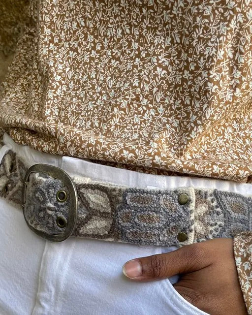 Taupe & Blue Embroidered Wool Belt