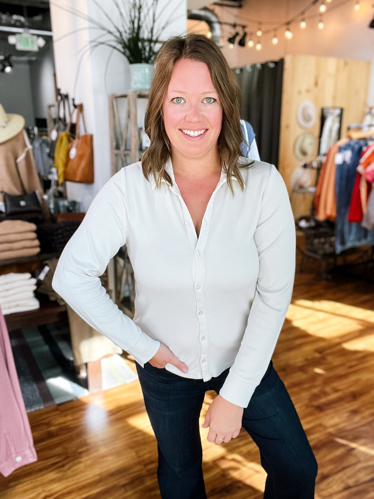 Beige Button Front Collared Long Sleeve Top